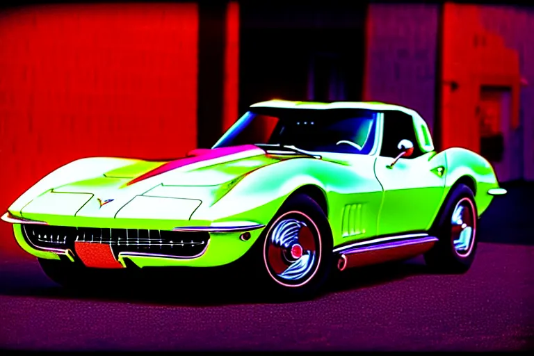 Prompt: stylized poster of a single 1 9 6 8 corvette, thick neon lights, ektachrome photograph, volumetric lighting, f 8 aperture, cinematic eastman 5 3 8 4 film