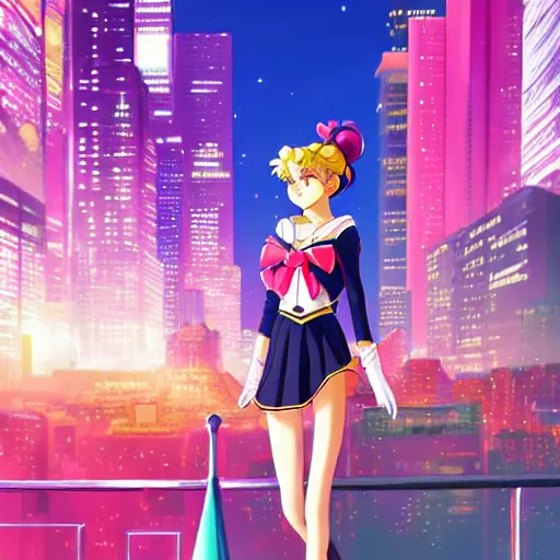 Prompt: portrait of sailor moon, city background, rich vivid colors, ambient lighting, dynamic lighting, 4k, HQ, official media, anime key visual, makoto shinkai, ilya kuvshinov, lois van baarle, rossdraws, detailed, trending on artstation