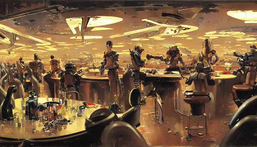 Image similar to Bounty hunters drinking in a futuristic bar surrounded by strange alien creatures, concept art by Ralph McQuarrie, by John Berkey, oil on canvas, highly detailed, science fiction