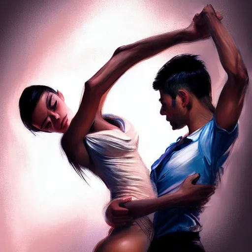 Image similar to semi realistic portrait Salsa Dancing by Stanley Artgerm Lau, strong rim light, Gesture draw, Salsa Social Dance, couple, Salsa tricks,Noir dark background, WLOP, Rossdraws, Gesture draw, James Jean, Andrei Riabovitchev, Marc Simonetti, and Sakimichan, trending on artstation