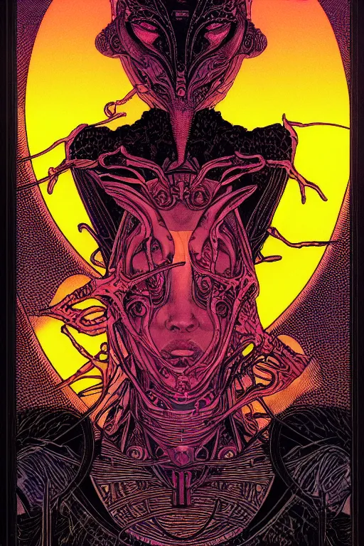 Prompt: portrait of black and psychedelic grainshading tarot card print of the loverof by moebius, wayne barlowe, cyberpunk comic cover art, very intricate, thick outline, artstation