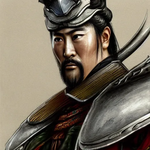 Image similar to dynamic composition, motion, ultra-detailed, incredibly detailed, a lot of details, amazing fine details and brush strokes, colorful and grayish palette, smooth, HD semirealistic anime CG concept art digital painting, watercolor oil painting of a Japanese Samurai wearing armor, from Three Kingdoms, by a Chinese artist at ArtStation, by Huang Guangjian, Fenghua Zhong, Ruan Jia, Xin Jin and Wei Chang. Realistic artwork of a Chinese videogame, gradients, gentle an harmonic grayish colors.