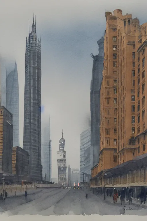 Image similar to A watercolor depicting an empty Shanghai Bund, gloomy weather, high contrast, smooth, by Joseph Zbikowicz, 8k