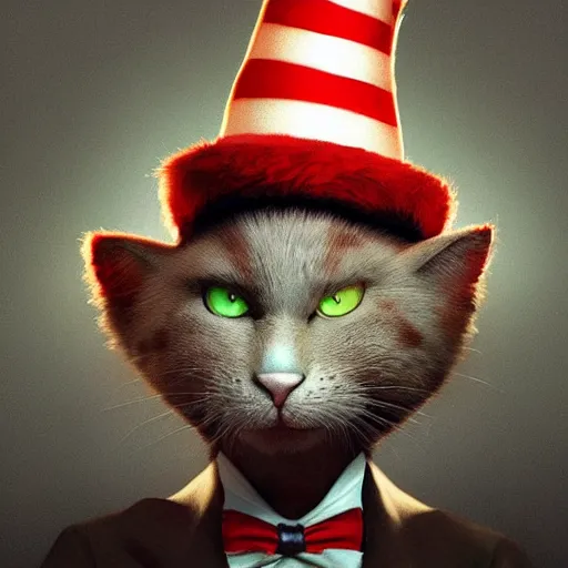 Image similar to complex 3 d render, hyper detailed, ultra sharp, of the cat in the hat, scary, comical, cinematic, natural soft light, rim light, octane render, artstation, art by artgerm and greg rutkowski and alberto seveso, dr seuss