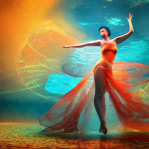 Prompt: woman dancing underwater wearing a long flowing dress made of many translucent layers of blue and red and yellow lace circuit boards, bolts of bright yellow fish, delicate coral sea bottom, swirling silver fish, swirling smoke shapes, unreal engine, caustics lighting from above, cinematic, hyperdetailed