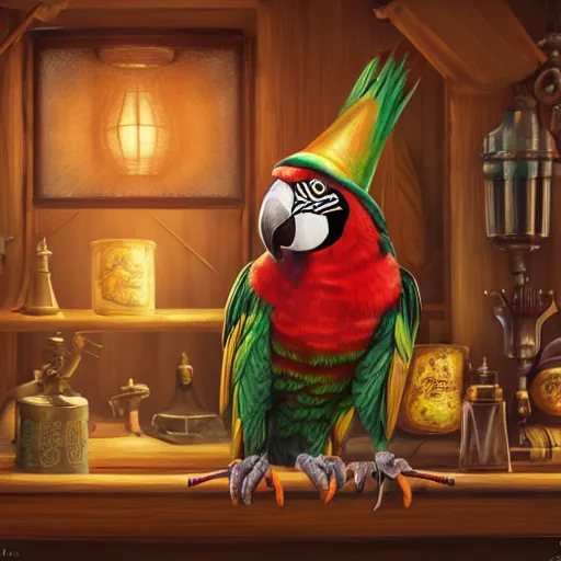 Image similar to Anthropomorphized parrot trader in his shop, medium shot, items, weapons, magic potions, trinkets, carpet, lamps, window, fancy hat, warm light, sly expression, cunning expression, cute expression, long thick shiny black beak, D&D, fantasy, cinematic lighting, highly detailed, digital painting, artstation, concept art, smooth, sharp focus, illustration, warm light, cozy warm tint, strong colours, magic the gathering artwork, volumetric lighting, 8k, art by Akihiko Yoshida, Greg Rutkowski