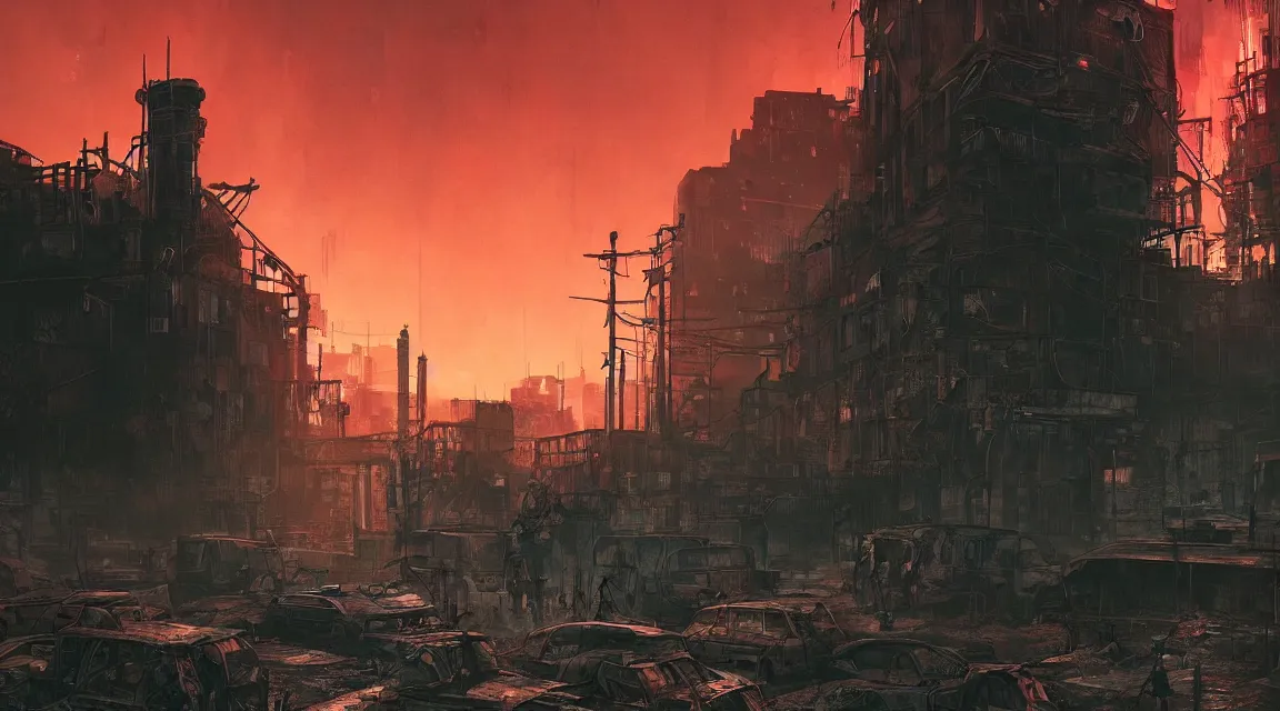 Image similar to The Last of Us city, Post apocalyptic factory at night time, dystopian style detailed digital art by Vladimir Manyukhin, trending on Artstation, outlined silhouettes, cloudy red sky, cyberpunk 2099 blade runner 2049 neon synthwave neon retro