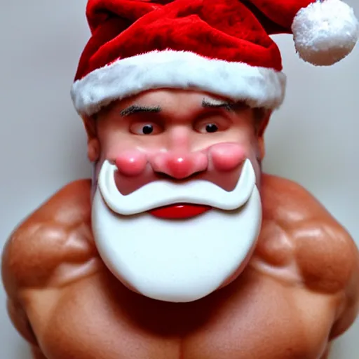 Prompt: muscular santa claus with sticky white glue on his face