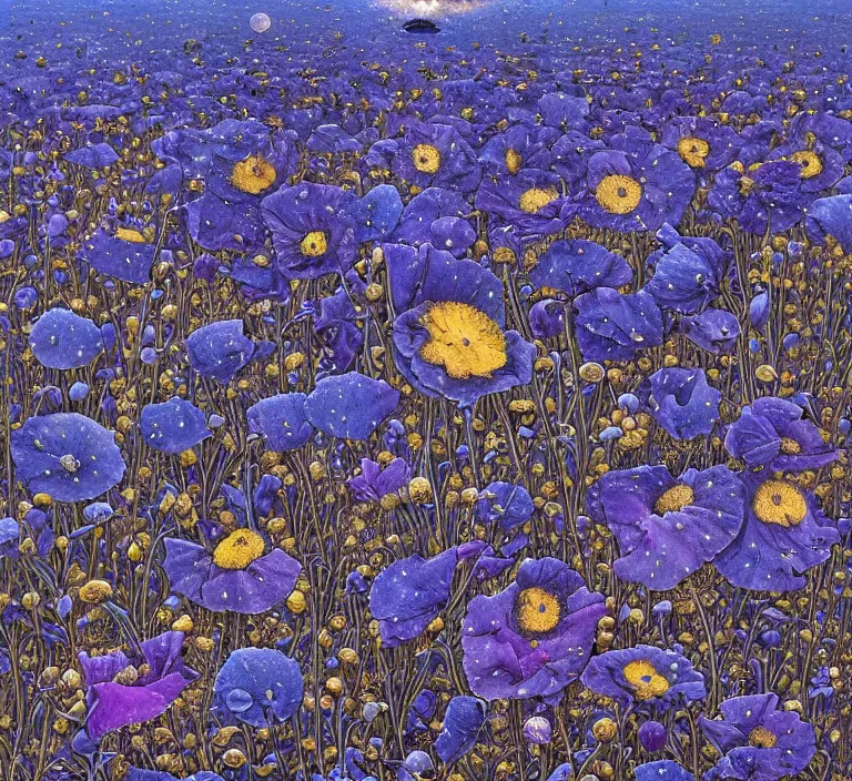 Image similar to detailed, intricate blue black and purple papaverum flower on the field, nebula, galaxy in the sky, winning award masterpiece, fantastically beautiful, illustration, aestheticly inspired, jacek yerka, upscale with anguissola sofonisba work, artstation, 8 k