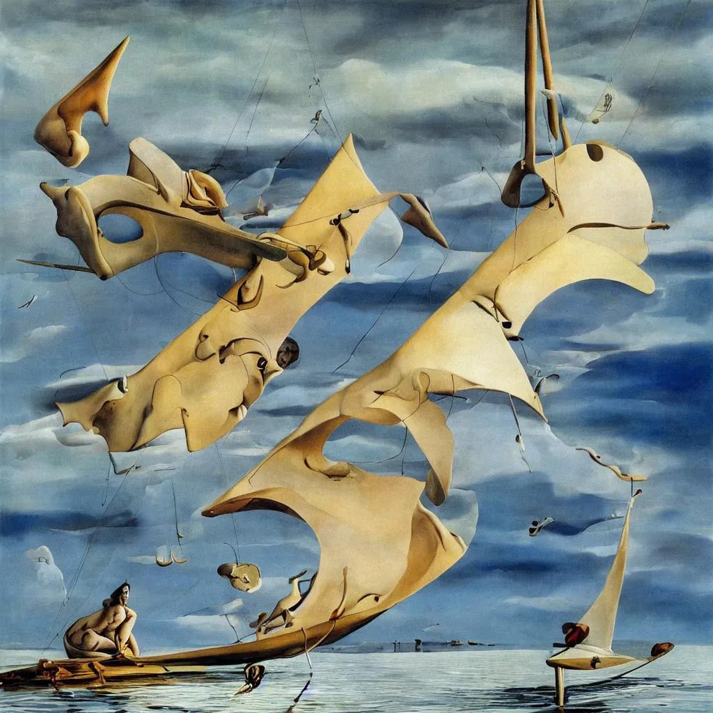 Image similar to baby harp seal sailing a trimaran, painting by salvador dali, surrealism