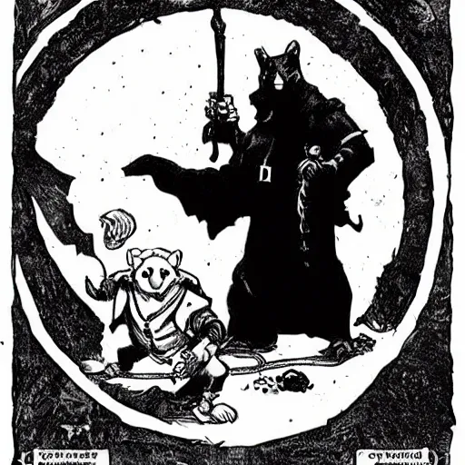 Prompt: A ferret. Dark Fantasy, Film Noir, Black and White. High Contrast, Mike Mignola, D&D, OSR.