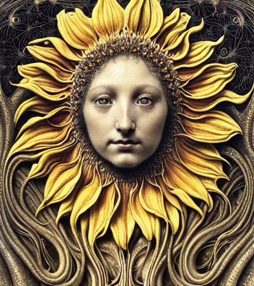 Prompt: detailed realistic beautiful sunflower goddess face portrait by jean delville, gustave dore, iris van herpen and marco mazzoni, art forms of nature by ernst haeckel, art nouveau, symbolist, visionary, gothic, neo - gothic, pre - raphaelite, fractal lace, intricate alien botanicals, ai biodiversity, surreality, hyperdetailed ultrasharp octane render