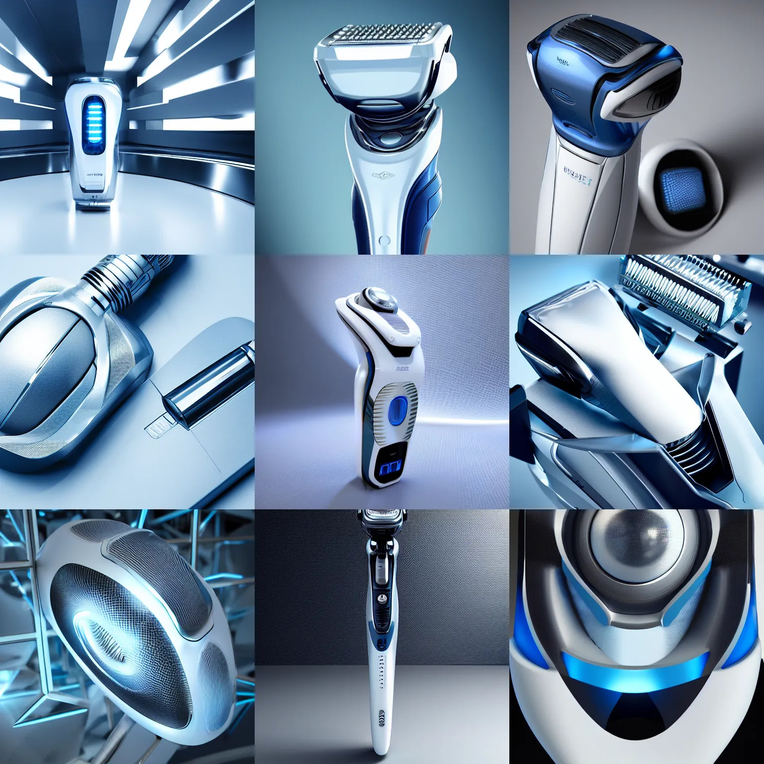 Prompt: futuristic shaver 9 9 9 9 9, white, blue, silver, studio photo, studio light, high class, octane render, macro lens