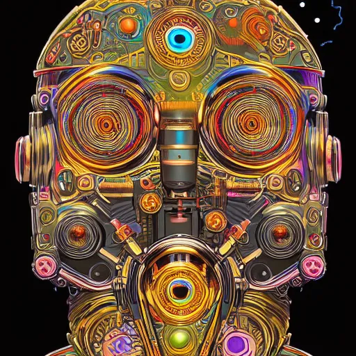 Image similar to hyperdetailed portrait of a multicolored spaced out steampunk robot head, 8 k, symetrical, halluzinogenic, meditative, vector art, black background