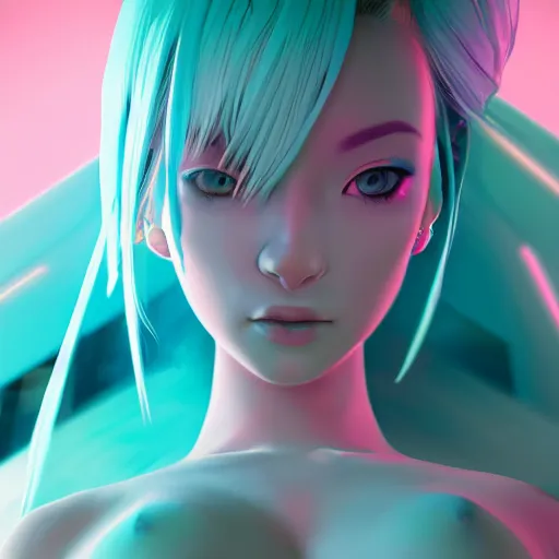 Image similar to symmetrical image taken from an extremely low angle at her feet of a stunningly beautiful omnipotent anime goddess with pink hair and mesmerizing cyan eyes, unreal engine 5, 8 k