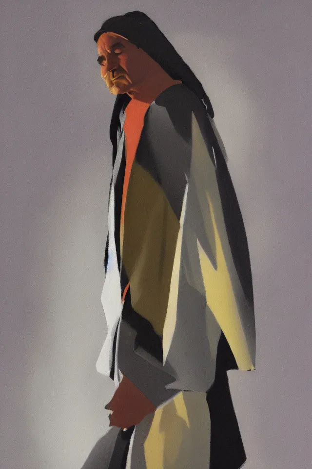 Image similar to chiaroscuro oil painting of a modern shaman, modern minimal isei miyake outfit, in the style of syd mead, jeremy cowart, concept art