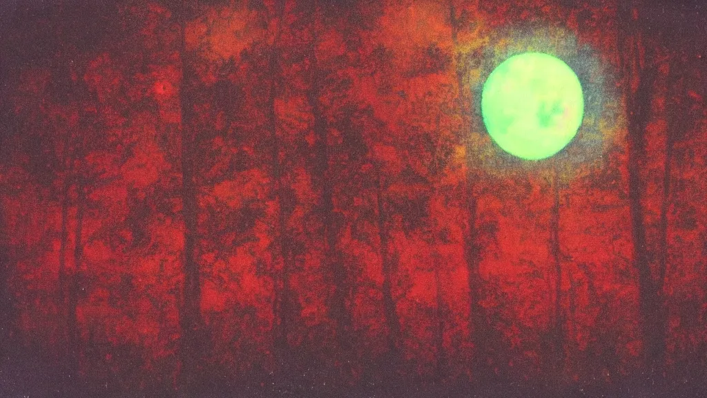 Image similar to (psychedelic) polaroid of a mystical night sky with a perfect huge moon, A glimpse through a small gap in the dark green foliage and overgrowth and the trees of the huge gibbous moon in a dark sky, wreathed in red smoke!!, starlight, night-time, dark enclosed, cozy, quiet forest night scene, spangled