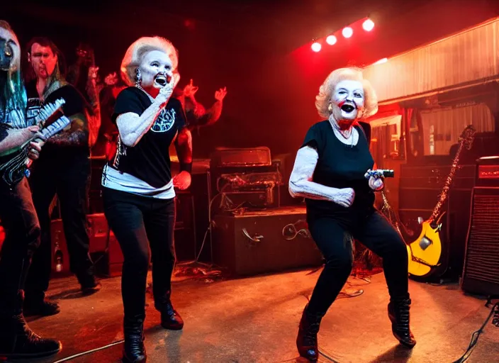 Prompt: publicity photo still of betty white in a death metal band playing live on stage, 8 k, live concert lighting, mid shot