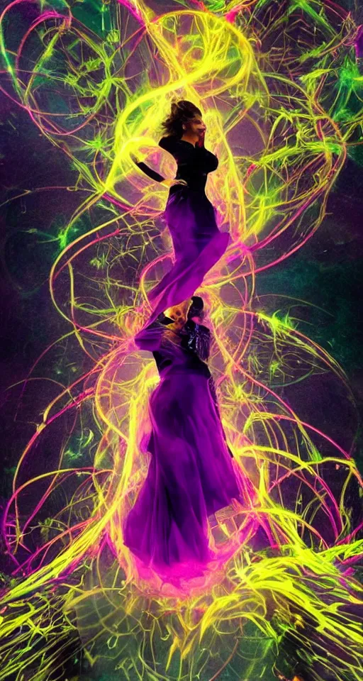 Prompt: she dreams of arcs of purple flame intertwined with glowing sparks, glinting particles of ice, dramatic lighting, steampunk, bright neon, secret holographic cyphers, red flowers, solar flares, high contrast, smooth, sharp focus, art nouveau, intricate art by Annie Liebowitz