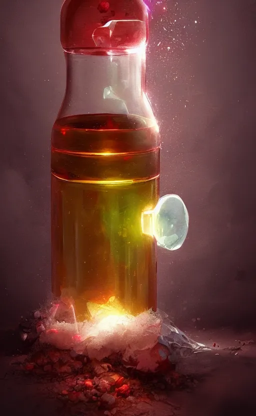 Image similar to a beautiful painting illustration of a health potion, scratched vial, bubbles, crimson, by greg rutkowski, featured on artstation, rpg item