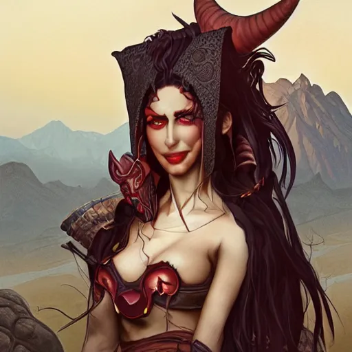 Prompt: portrait of a female berber tiefling with red skin, devil horns and black hair in a ponytail wearing a steel chestplate in a desert, fantasy, highly detailed, digital painting, artstation, concept art, character art, art by artgerm and tyler jacobson and alphonse mucha