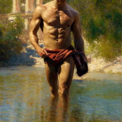 Prompt: young man by the river, muscular, detailed face, correct face, painting by Gaston Bussiere, Craig Mullins