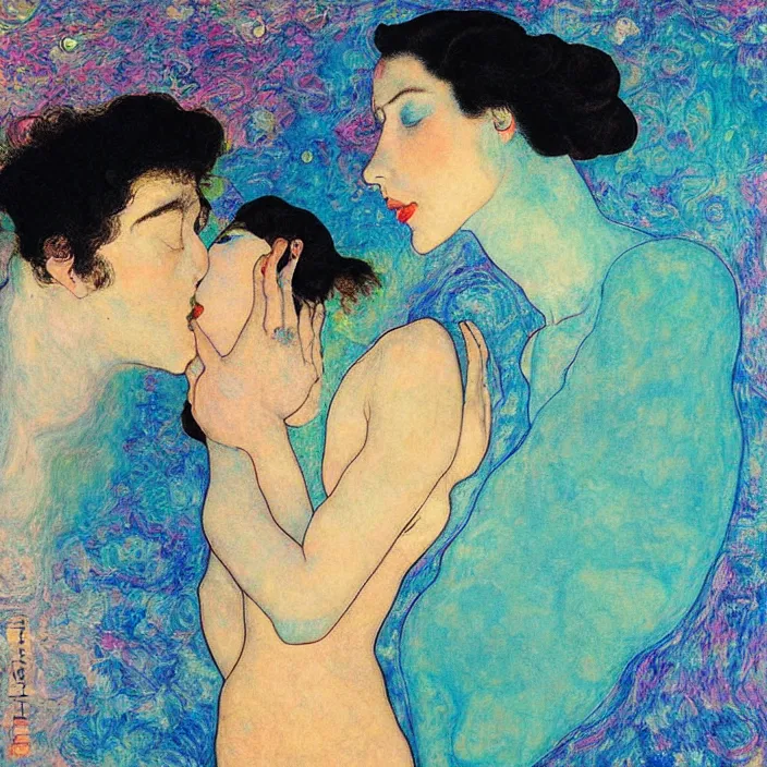 Image similar to close portrait of woman and man kissing. aurora borealis. iridescent, psychedelic lapis - lazuli, turquoise colors. painting by egon schiele, agnes pelton, utamaro, monet