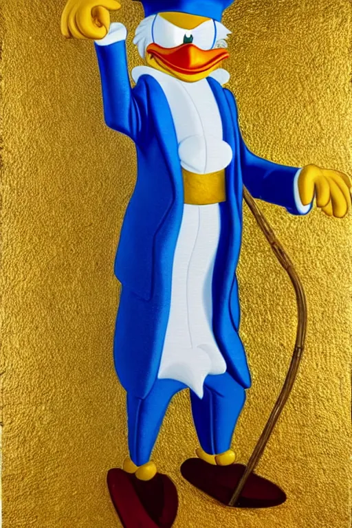 Image similar to Scrooge McDuck from the Duck Tales in blue costume standing on a mountain of golden gold and holding a cane, view from below, full body portrait including head, oil painting, highly detailed