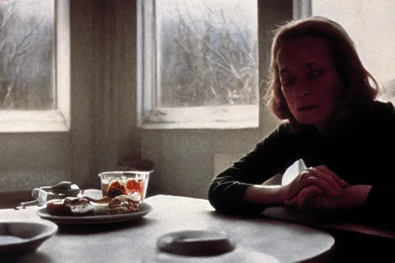 Image similar to soviet movie still a soviet woman sitting at a table next to the window with food, dark warm light, a character portrait by margarita terekhova, movie stalker solaris film still by andrei tarkovsky, 8 k, 1 9 8 4, close - up bokeh, gelios lens, color, noir