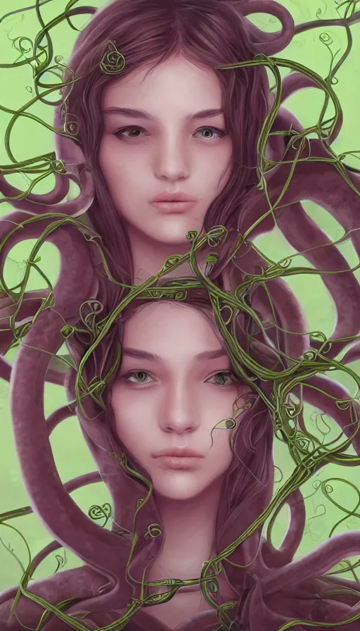 Prompt: very detailed portrait of a 2 0 years old girl surrounded by tentacles, the youg woman visage is blooming from fractal and vines, by artstation