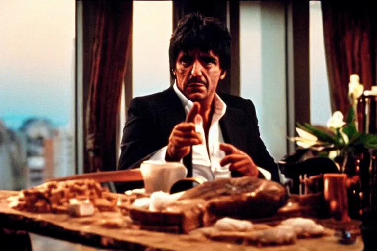 Image similar to tony montana from movie scarface 1 9 8 3 sitting at a ( big black oak table ) with ( big packages of flour ). next to the night window. ( al pacino ). perfect symmetric face, coherent eyes,, fine details, 4 k, ron cobb, cinestill