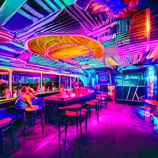 Image similar to architectural digest photo, inside dark and moody crowded futuristic neon tiki bar inside a yacht, many large tropical plants, open dance floor and dj booth, blue lighting with small pastel orange and pink accent lights, crowd of cool people dancing