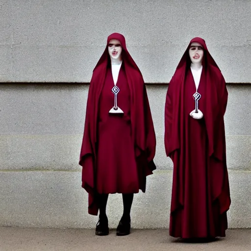 Image similar to photo of wearing pointed hats, translucent dresses, two freaky levitating twin nuns