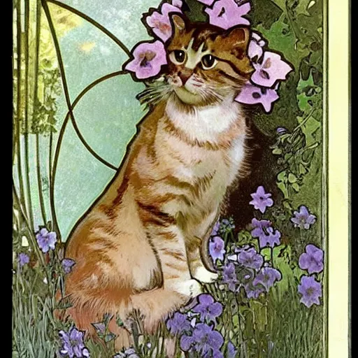 Image similar to a cute tabby cat sitting in a garden, beautiful illustration by alginate alphonse mucha