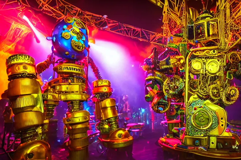 Image similar to scene is elrow party in amnesia ibiza, portrait photo of a giant huge golden and blue metal steampunk robot, with gears and tubes, eyes are glowing red lightbulbs, shiny crisp finish, 3 d render, 8 k, insaneley detailed, fluorescent colors, haluzinogetic, background is multicolored lasershow