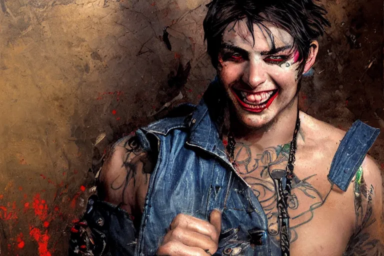 Image similar to portrait of a 2 5 year old contract killer named spike. he wears a tattered denim vest and has wide, bloodshot eyes, and a terrifying smile. art by gaston bussiere.