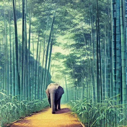 Prompt: an elephant walking through a tall bamboo forest, oil painting by hiroshi yoshida