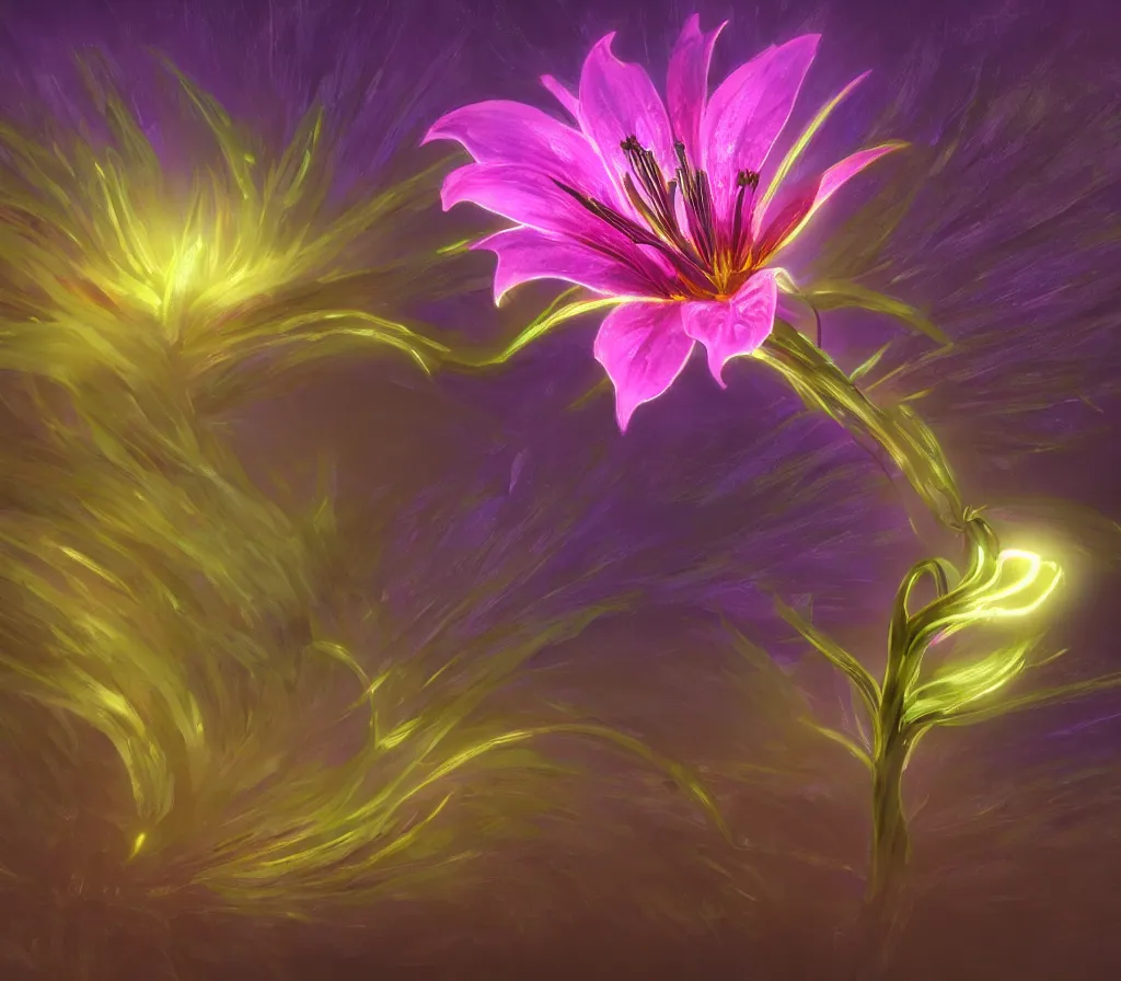 Image similar to detailed fantastic flower lily by artstation lucas parolin, dark night, neon lights, reflections ray, tracingstar trails, dramatic light, fluffy clouds, digital painting, igh detailed, 8 k render, perfect shape, hyperrealistic