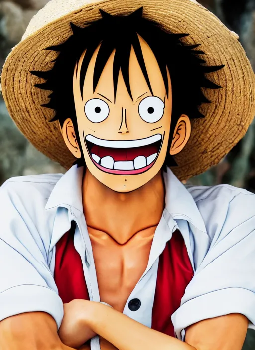 Image similar to A full portrait photo of real-life luffy one piece, f/22, 35mm, 2700K, lighting, perfect faces.