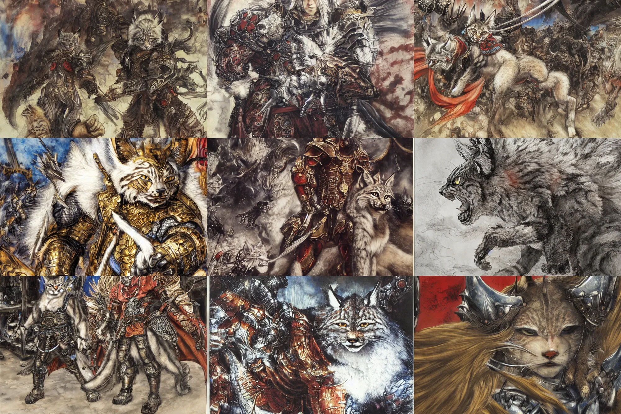 Image similar to 8k Yoshitaka Amano painting of upper body of a young cool looking lynx beast-man with white mane at a medieval market at windy day. Depth of field. He is wearing complex fantasy armors. He has huge paws. Renaissance style lighting.