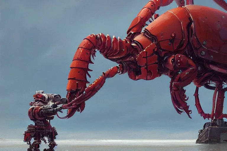 Image similar to very detailed vintage science - fiction giant robot lobster, beautiful painting, david roberts, greg rutkowski, james gurney, artstation.