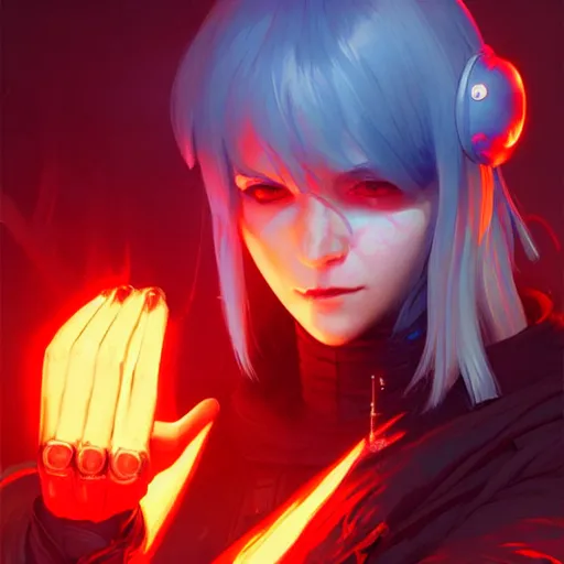 Image similar to a cyberpunk fire mage, by guweiz and wlop and ilya kuvshinov and artgerm and josan gonzalez, digital art