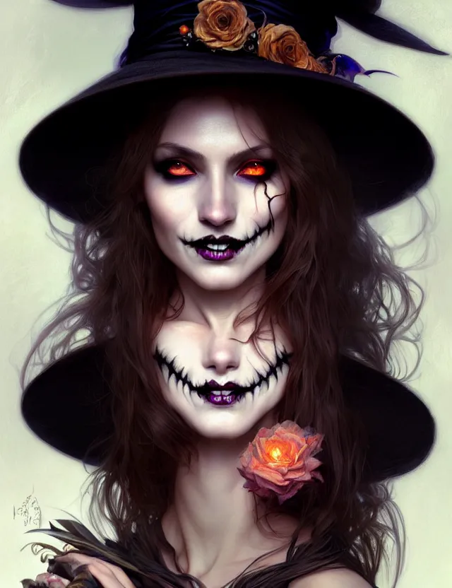 Image similar to halloween witch woman in a hat smiles, fantasy magic, undercut hairstyle, dark light night, intricate, elegant, sharp focus, illustration, highly detailed, digital painting, concept art, matte, art by wlop and artgerm and greg rutkowski and alphonse mucha, masterpiece