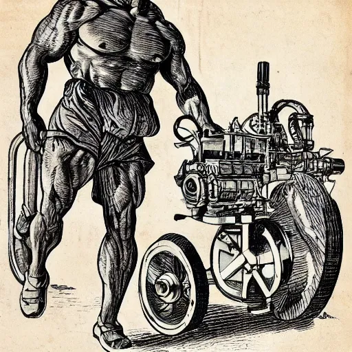 Image similar to a muscular bald man carrying engines on his back, technical diagram, diesel engine, gasoline engine, combustion engine