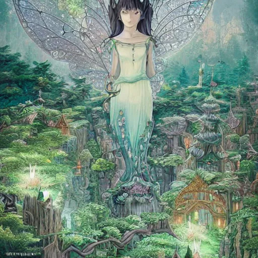 Prompt: a stunning fairy landscape with an elvish city in the middle of the forest, ornate, intricate, in the style of miyazaki, studio ghibli, hyper detailed