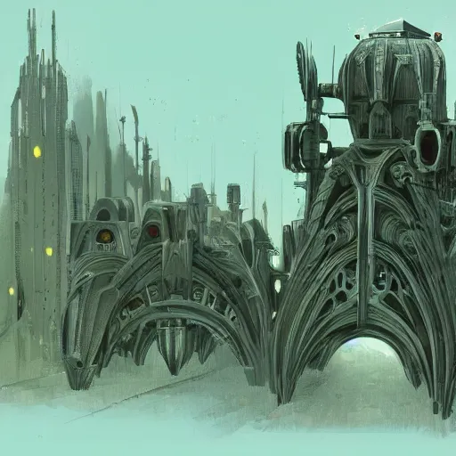 Prompt: detailed portrait of an organic scifi gadget, exterior, gothic ornaments, brutal archi, ian mcque, syd mead, minoru nomata