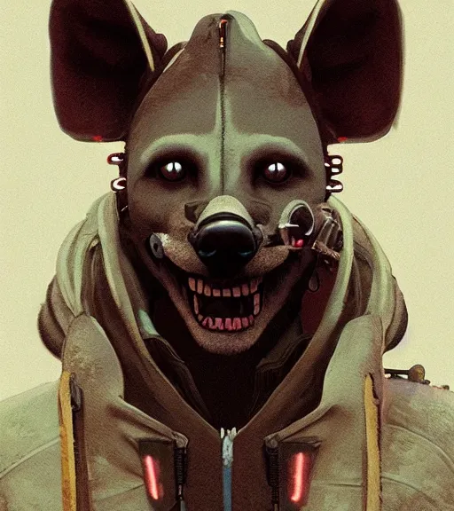 Prompt: new york city portrait of furry anthro anthropomorphic spotted hyena crocuta head animal person fursona wearing clothes strange cybernetic muzzle gloomy rainy screenshot from the video game cyberpunk 2077 digital art by Greg Rutkowski, Simon Stalenhag, christopher nolan trending on Artstation, CGSociety