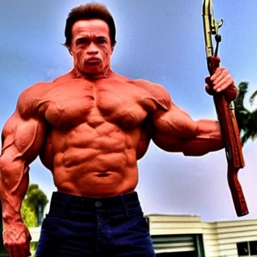 Prompt: a midget arnold schwarzenegger