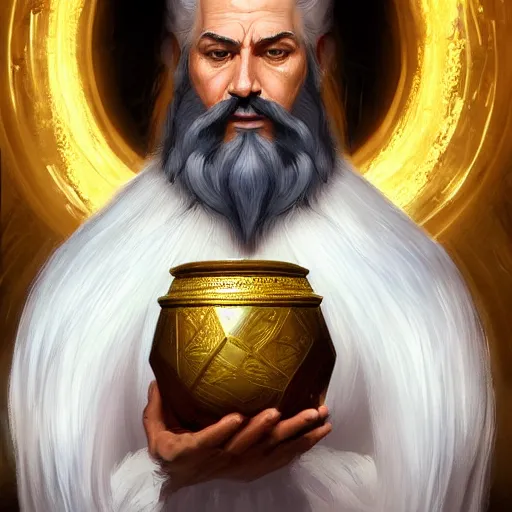 Prompt: a man with white hair and beard, wearing nomadic clothing holding a soul jar portrait, backlight, rim lighting, deep focus, d & d, fantasy, intricate, elegant, highly detailed, digital painting, artstation, concept art, matte, centered, sharp focus, illustration, hearthstone, art by artgerm, greg rutkowski and alphonse mucha