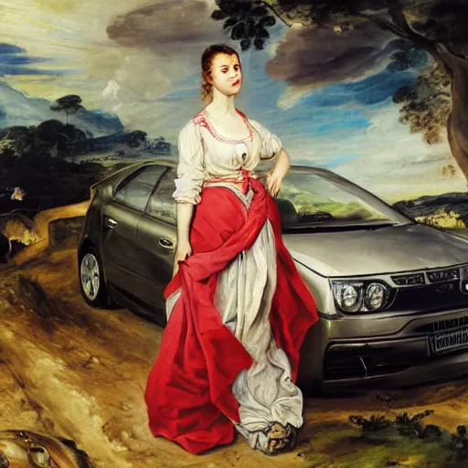 Image similar to heavenly summer sharp land sphere scallop well dressed lady standing next to a toyota corolla, auslese, by peter paul rubens and eugene delacroix and karol bak, hyperrealism, digital illustration, fauvist, standing next to a toyota corolla